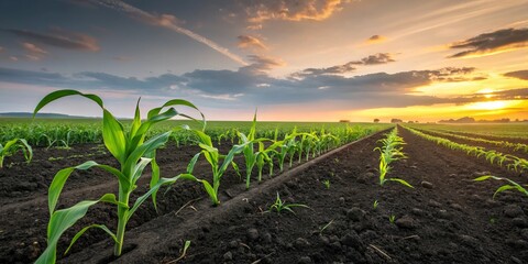 Corn Sprouts at Sunset Agricultural Field with Young Plants, farming , agriculture