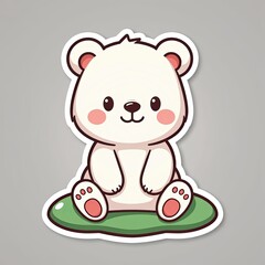 Naklejka premium Cute Cartoon Polar Bear Sitting on Leafy Green Cushion Sticker