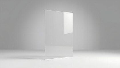 Transparent acrylic business card mockup standing on a neutral background with soft lighting.