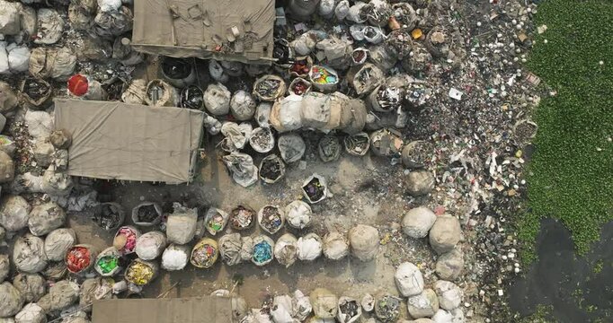 Aerial view of rubbish recycling with bags and waste, Dhaka, Dhaka Province, Bangladesh.