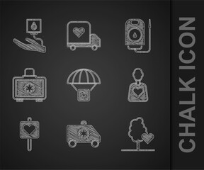 Set Humanitarian aid, Emergency car, Volunteer team planting trees, Location with heart, First kit, Blood donation and icon. Vector