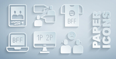 Set Computer monitor screen, BFF best friends forever, Complicated relationship, Two sitting men talking and Family photo icon. Vector