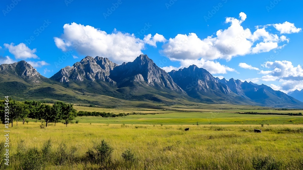 Aufkleber majestic mountain range under blue sky with fluffy clouds and vibrant greenery in a vast landscape :