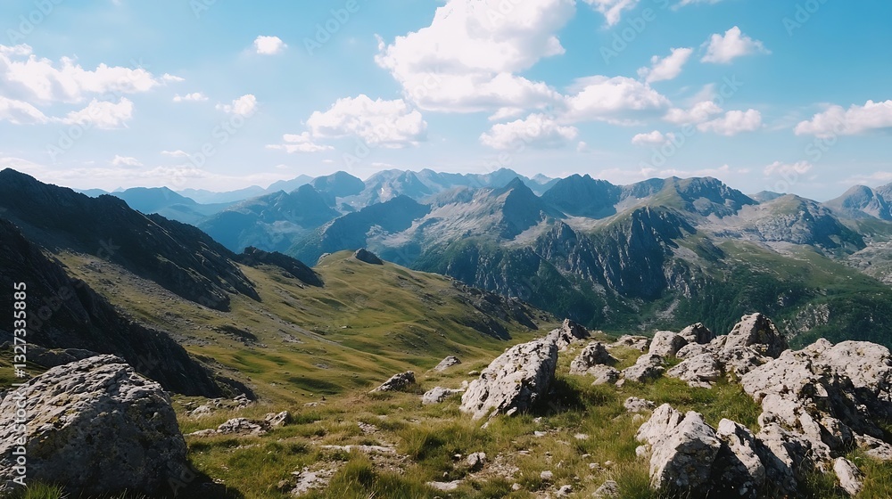 Poster a stunning view of rugged mountain terrain set against a clear blue sky adorned with fluffy clouds s