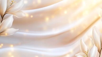 Elegant white flower on soft silk fabric with a warm glow and subtle bokeh background