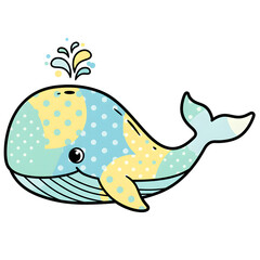 Naklejka premium Smiling Whale Illustration with Pastel Polka Dots and Chevron Stripes – Coastal Kids’ Decor 