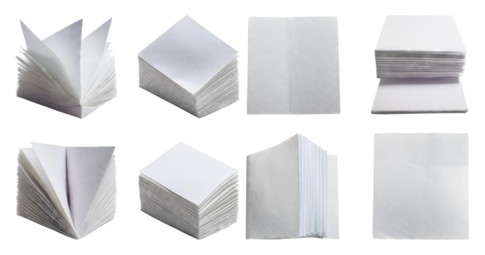 Various Arrangements of Blank White Paper in Different Shapes and Folds, Bundle Set Collection, Isolated on Transparent Background