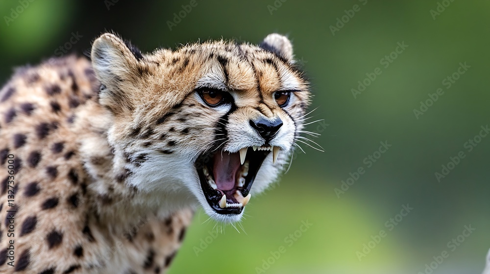 Poster fierce and powerful cheetah showing its teeth in a dramatic close up against a blurred background : 
