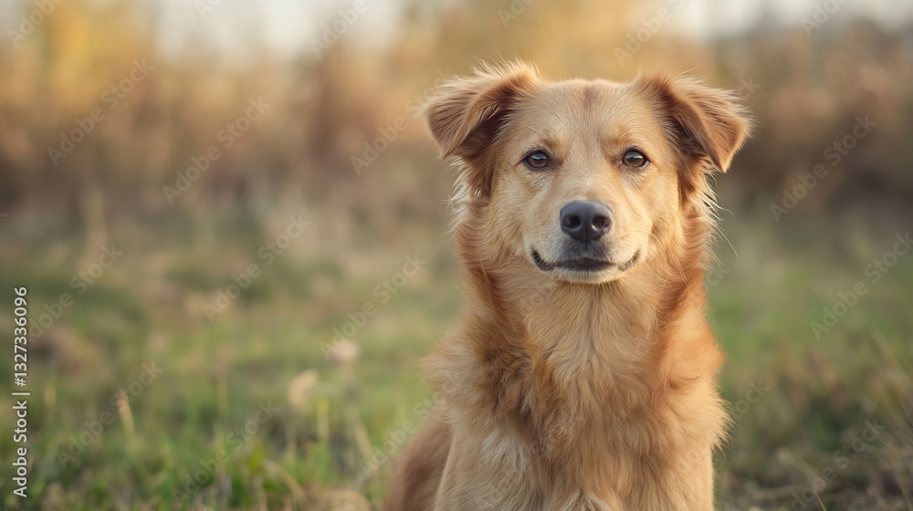 Poster friendly golden retriever looking at the camera in a serene outdoor setting surrounded by nature : g