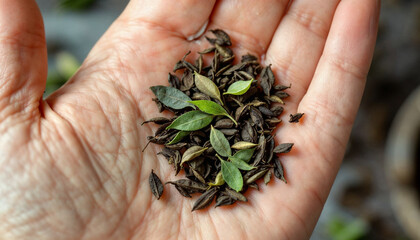 Tea leaves on palm hand background. Tea leaves wallpaper