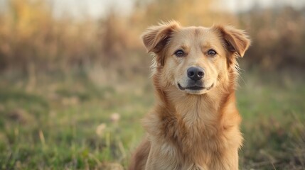 Friendly golden retriever looking at the camera in a serene outdoor setting surrounded by nature : Generative AI