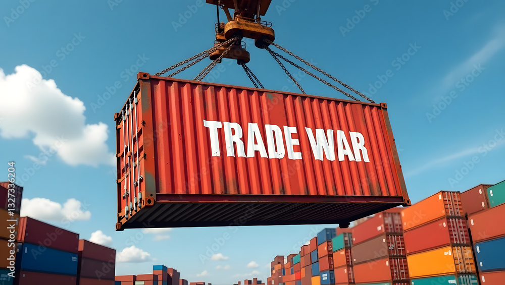 Poster a red cargo container is suspended from a crane. 