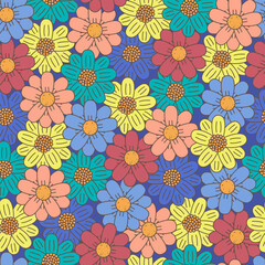 Colorful daisy flowers summer seamless pattern. Flourish art on blue background. Floral Easter