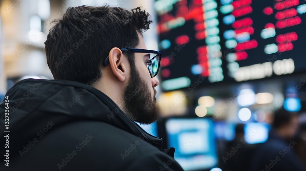 Leinwandbilder Young man with glasses looking at stock market data on a digital display in a financial setting : Generative AI