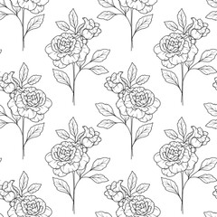 Floral seamless background line art. Rose seamless pattern. Floral background with Roses. June birth month flower line art. Botanical Background for wrapping paper, textile