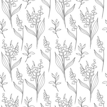 Floral seamless background line art. Lily of the Valley seamless pattern. Floral background with Lily of the Valley. May birth month flower line art. Botanical Background for wrapping paper, textile