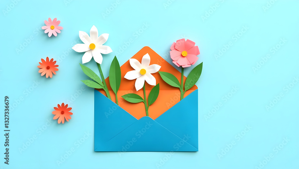 Poster an open blue envelope with an orange inner part is depicted on a blue background. three paper flower