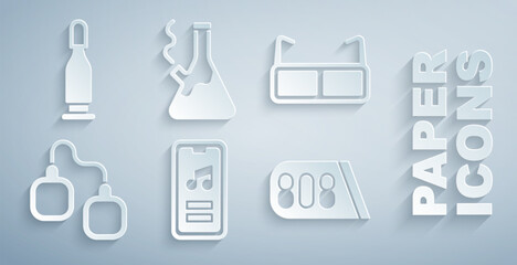 Set Music player, Glasses, Handcuffs, Drum machine music, bong for smoking marijuana and Bullet icon. Vector