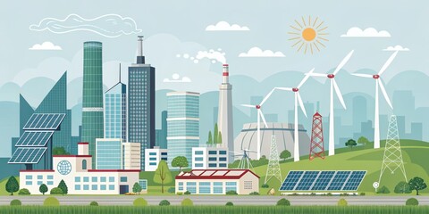 Clean Energy Cityscape Solar Panels, Wind Turbines and Modern Architecture, GreenTech , Sustainable