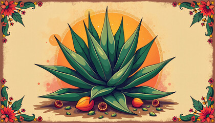 Vibrant illustration of an agave plant with decorative elements for Cinco de Mayo celebration