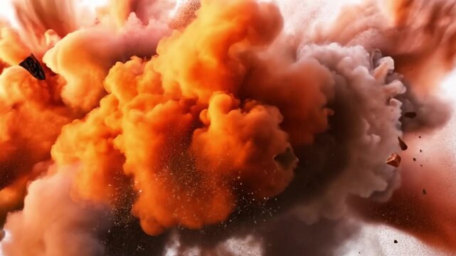 A powerful explosion erupts, sending plumes of orange and gray smoke into the air, along with fragments of debris. The scene captures the intensity and chaos of the moment