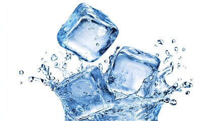 Obraz premium Dynamic Splash of Ice Cubes in Clear Water Creating Refreshing Droplets on a White Background