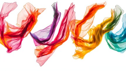 Flowing Colorful Fabrics Creating Abstract Patterns and Vibrant Movement on White Background
