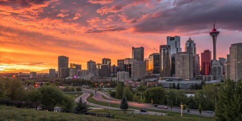Fototapeta premium City Skyline at Fiery Sunset,urban , landscape