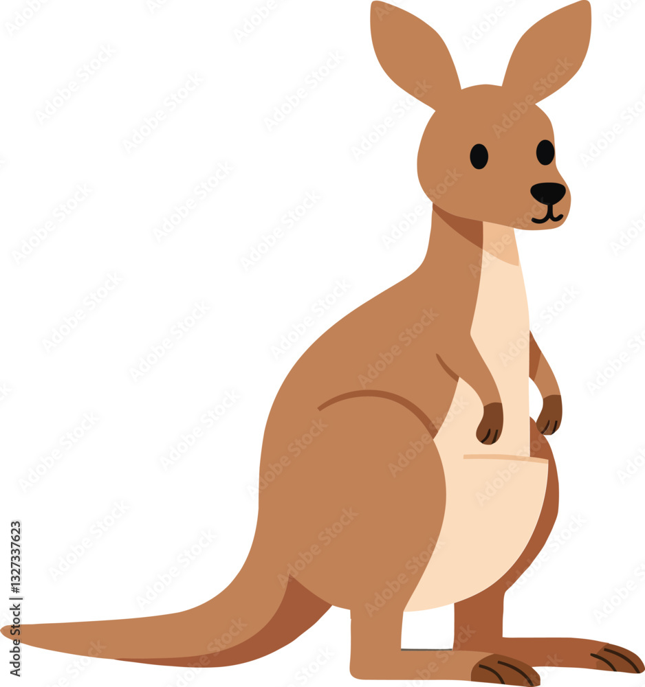 Poster a playful kangaroo standing upright in a minimalistic design style showcasing its brown fur and frie