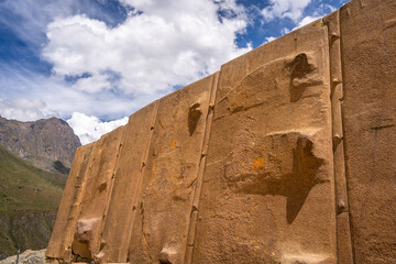 Ancient stone wall at the Inca fortress of Ollantaytambo, Peru