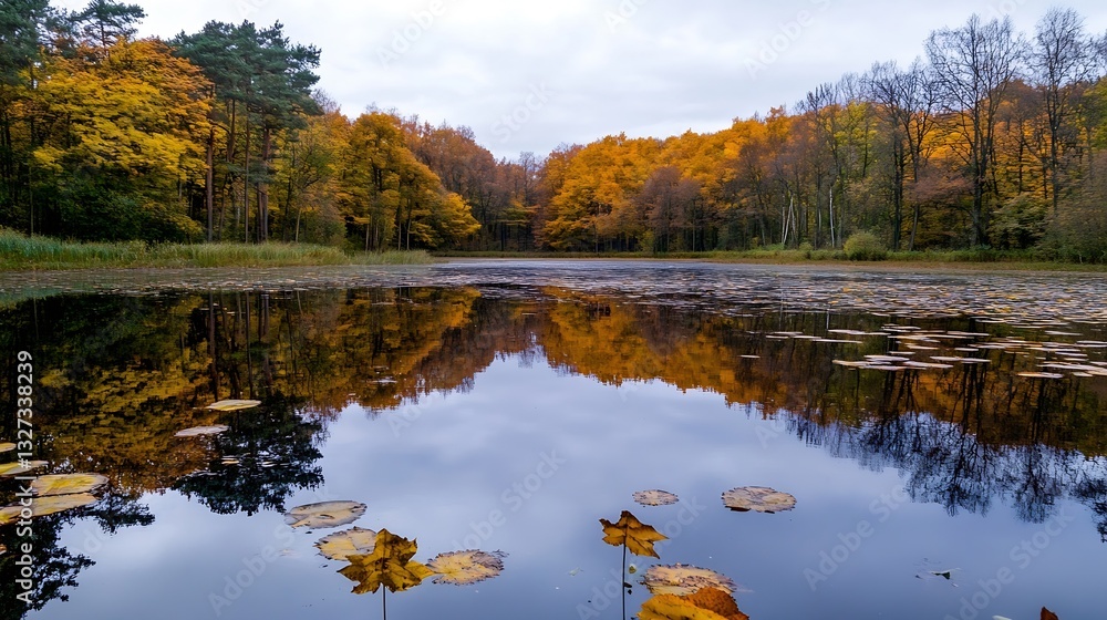 Aufkleber mirrorlike reflection of autumn trees on a serene lake creating a tranquil landscape : generative ai