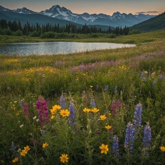 Fototapeta premium A vibrant meadow full of wildflowers stretching towards a distant lake, with towering mountains in the background.