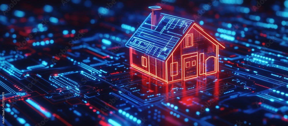 Poster digital house model on circuit board background representing smart home technology