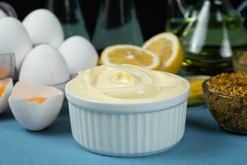 Freshly Made Mayonnaise with Ingredients Eggs and Oil