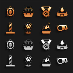 Fototapeta premium Set Location veterinary hospital, Pet food bowl for or dog, Retractable cord leash, Cat litter tray with shovel, scratching post toy, award symbol, Turtle and carry case icon. Vector
