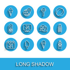Set line Calendar and airplane, Ice cream, in waffle cone, Sunscreen spray bottle, Speech bubble with, Suitcase and icon. Vector