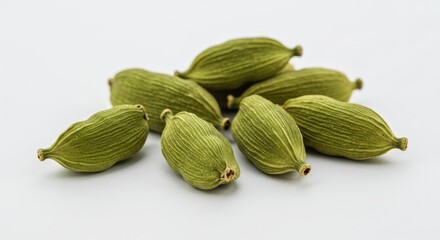 Green Cardamom Pods Close Up on White Background Ready to Use