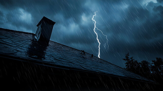Lightning Rod on Roof During Rainy Storm
