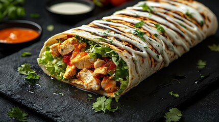 A grilled buffalo chicken wrap, featuring spicy buffalo-marinated chicken, melted mozzarella cheese, and crispy lettuce,