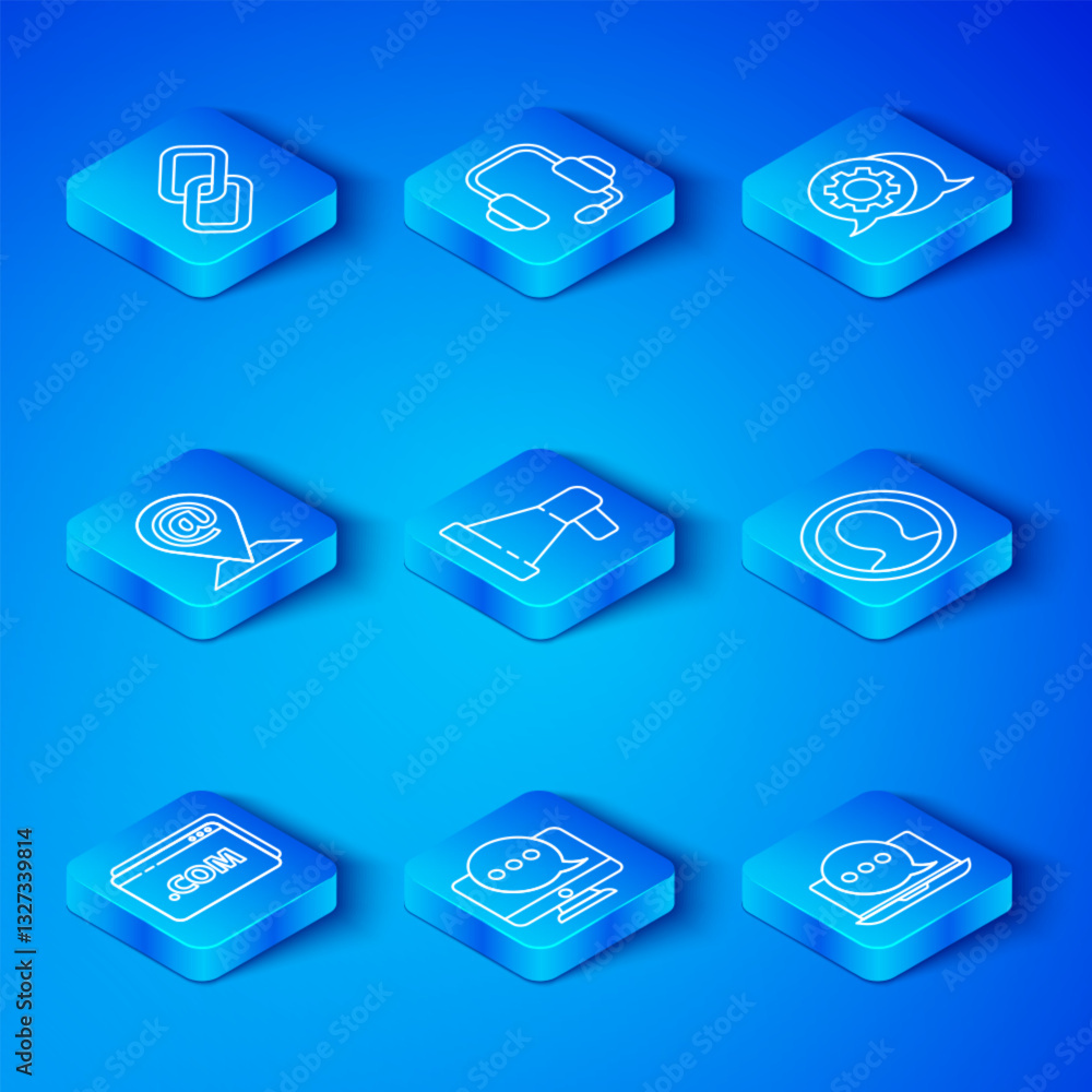 Poster set line website template, megaphone, chat messages notification monitor, create account screen, spe