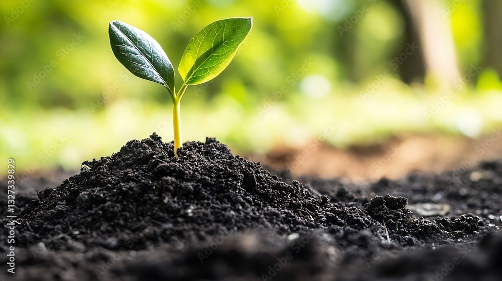 Aufkleber new green seedling emerging from fertile black soil in bright natural light : generative ai