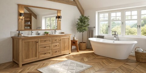 Fototapeta premium Bright Bathroom Interior with Wooden Vanity, Freestanding Tub and Tree, bathroom design , interior design