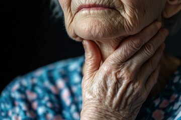Fototapeta premium An elderly woman touching her neck with discomfort.