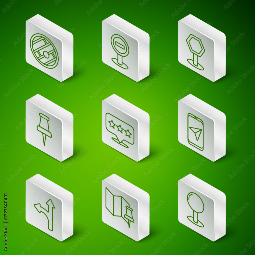 Poster set line push pin, folded map with push, location, map pointer star, stop sign, road traffic and cit
