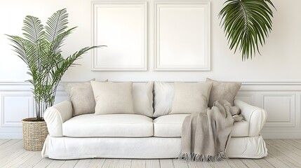 Elegant Minimalist Living Room with White Sofa, Decorative Pillows and Indoor Plants