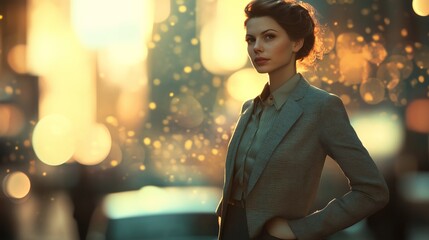 a woman in a tailored blazer and pencil skirt