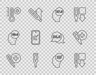 Set line Medical thermometer, High human body temperature, Digital, Meteorology, Celsius, and icon. Vector