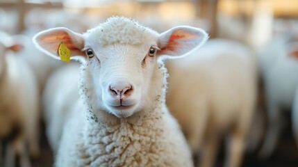 Obraz premium Closeup of a curious sheep with fluffy wool standing amidst a flock in a rustic farm setting : Generative AI
