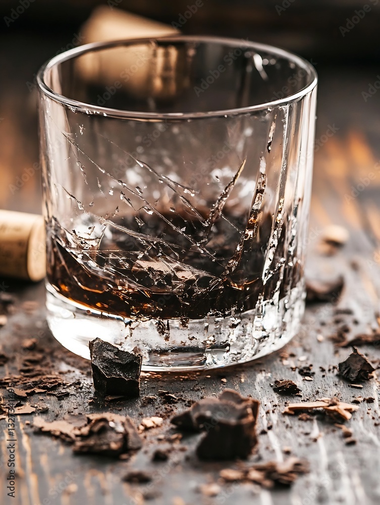 Poster glass whiskey tumbler with dark chocolate pieces on a rustic wooden table in a cozy setting : genera