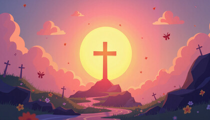 Obraz premium Surreal glowing cross at sunrise over dreamy landscape, Easter symbolism